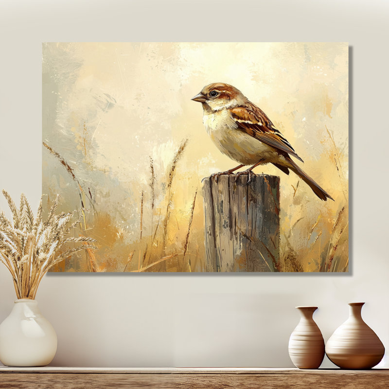 «Old Sparrow Bird On A Fence Post II - Bird, décoration murale en métal, reproduction d'art moderne en métal