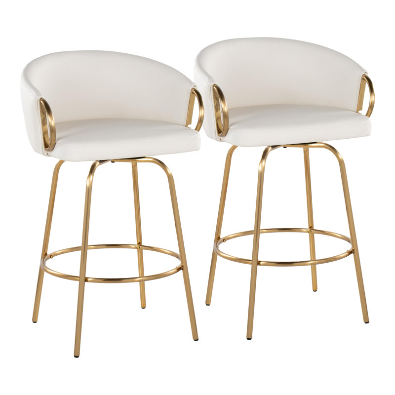 Laurenzio Fixed-Height Faux Leather Bar & Counter Stool, Gold, White, Counter Stool (26” Seat Height)