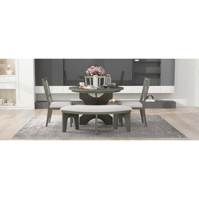 5-Piece Rustic Round Dining Table With 3 Upholstered Chairs & Curved Bench, Grey