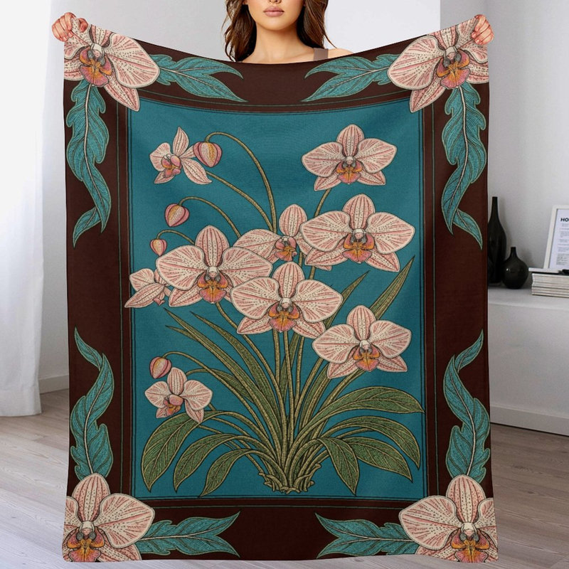 Plaid en flanelle de luxe à motif d'orchidées, doux et chaud, idéal pour le salon, le canapé ou le lit. Décoration intérieure.