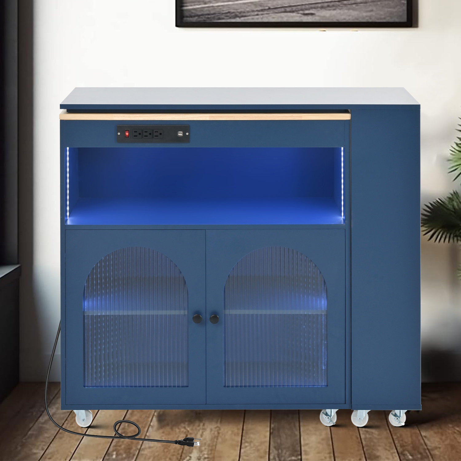 K&K Rolling Kitchen Island with Extended Table, LED Lights, Power Outlets, 2 Fluted Glass Doors, Storage Compartment and 3 Open Shelves, Grey-Blue