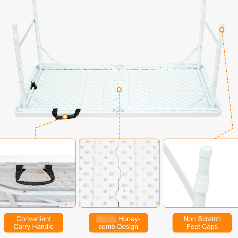 Table de camping pliable de 4 pieds, portable, blanc, pour l'intérieur et l'extérieur, capacité de poids maximale de 135 kg, avec équipement de préhension fixe, plateau de table lisse et imperméable, triangulaire stable