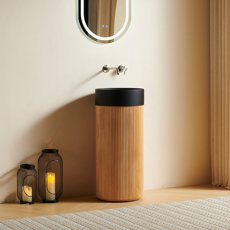 Armoire cylindrique autoportante de 16 po avec lavabo à surface solide ronde noire sans trou de robinet, sans couvercle d'évier, sans robinet ni ensemble de bonde