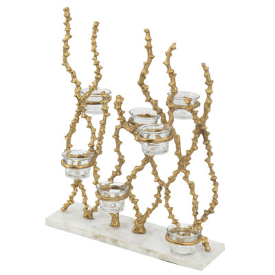 Porte-bougie Betty, motif de branches d'or, verre, marbre blanc, 18 po