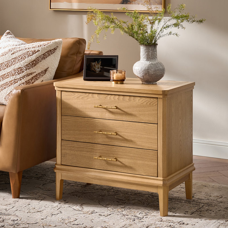 Fay Transitional 26"Tall 3-Drawer End Table with Built-in Charging Station and Simple Assembly, Oak