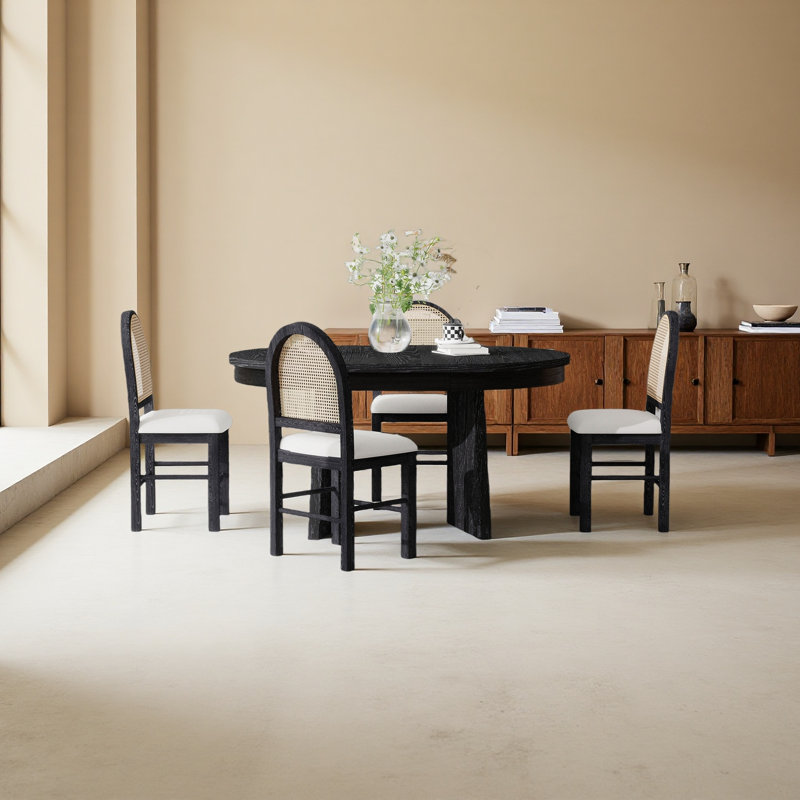 5-Piece Round Dining Table Set For 4, Retro Extendable Dining Table Set With 4 Upholstered Chairs, Espresso, Espresso, Brown