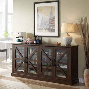 Vidis 70" Wood Sideboard Storage Cabinet w/4 Glass Barn Doors & Adjustable Shelf