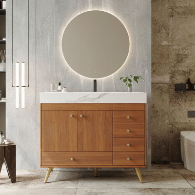 36" Freestanding Bathroom Vanity With Faux Marble Top, Ceramic Sink, 5 Drawers & Stainless Steel Legs