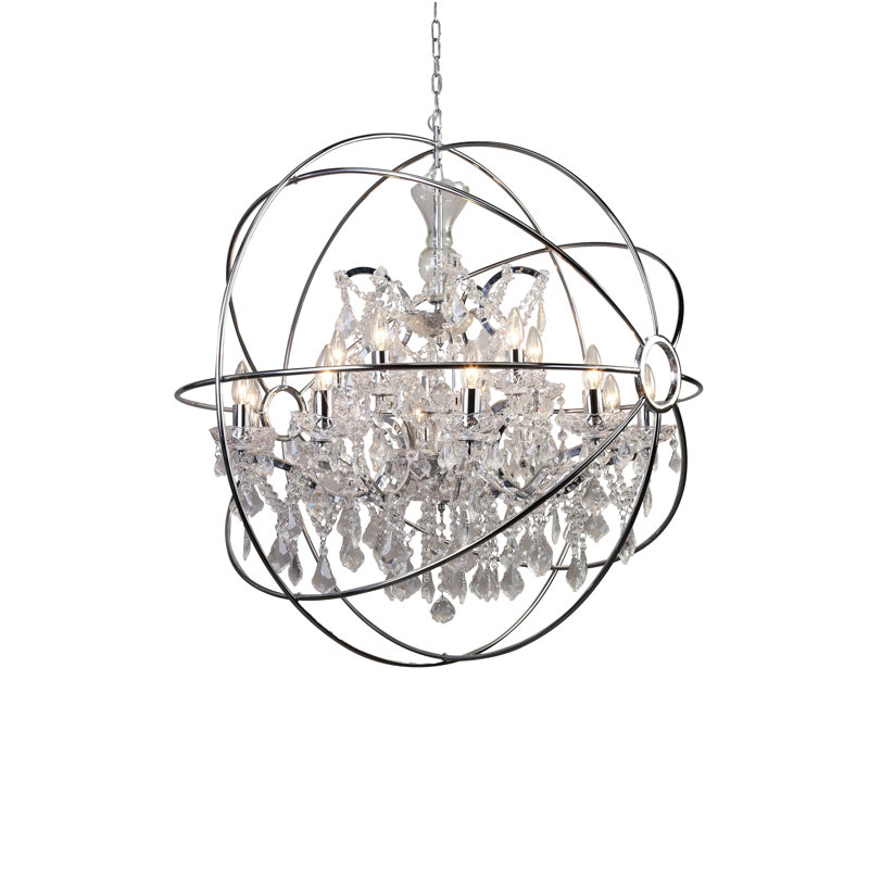 15-Light Chrome Cage Chandelier With Clear Hanging Crystals, Chrome