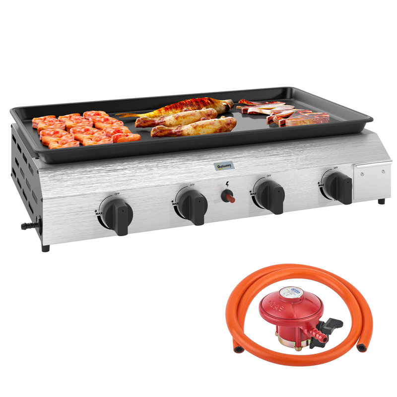Outsunny Gas Plancha Barbecue Grill with 4 Burners, 9.6kW, Silver