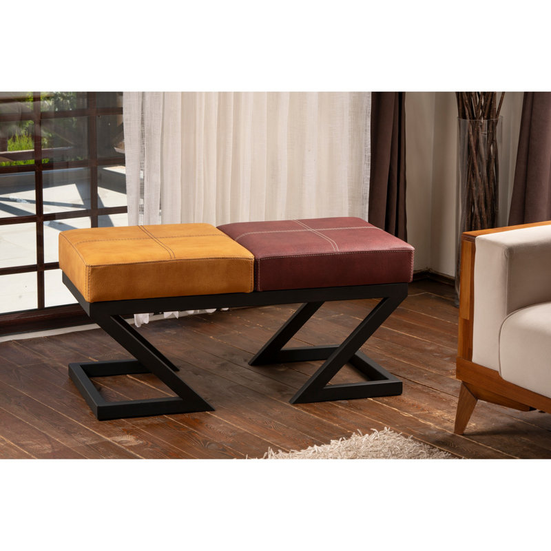 Pouf élégant avec structure en métal, rouge moutarde et rouge, 36,2 po x 17,3 po x 18,1 po | 100% cuir de polyuréthane, tissu facile à nettoyer, 32 mousses en mousse pour plus de confort | Design industriel, parfait pour le salon et les espaces modernes