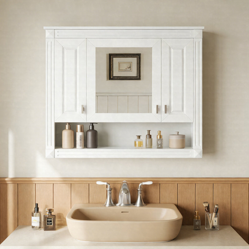 Armoire de salle de bain 35 po avec miroir, armoire à pharmacie murale avec tablettes réglables et rangement ouvert, armoire de toilette