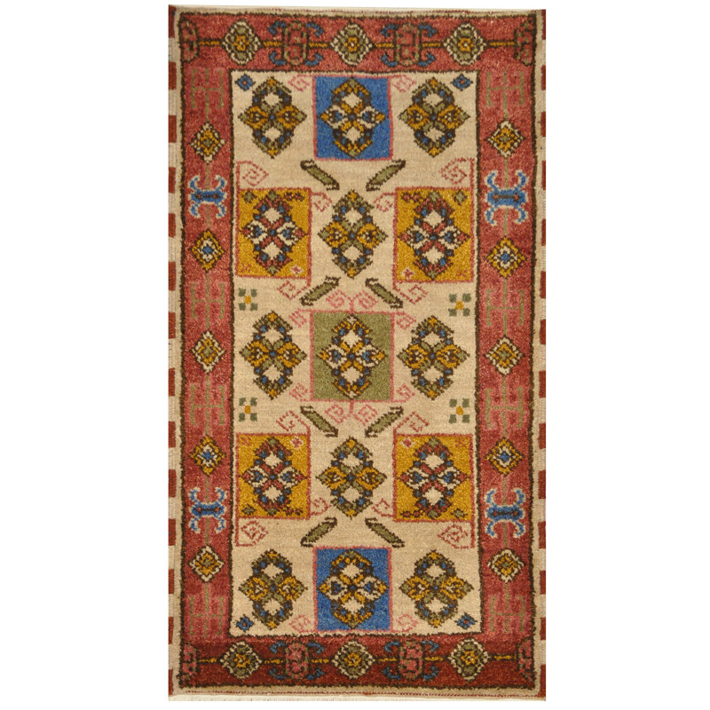 Tapis unique en laine noué à la main ivoire / vert / rose de 2 pi x 4 pi Hashrat