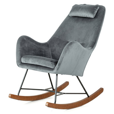 Brentwood Velvet Mid-Century Rocking Chair with Neck Pillow and Metal Frame