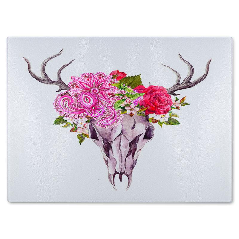 Deer Animal Skull With Flowers And Feathers Glass Chopping Board, 28cm L x 20cm W