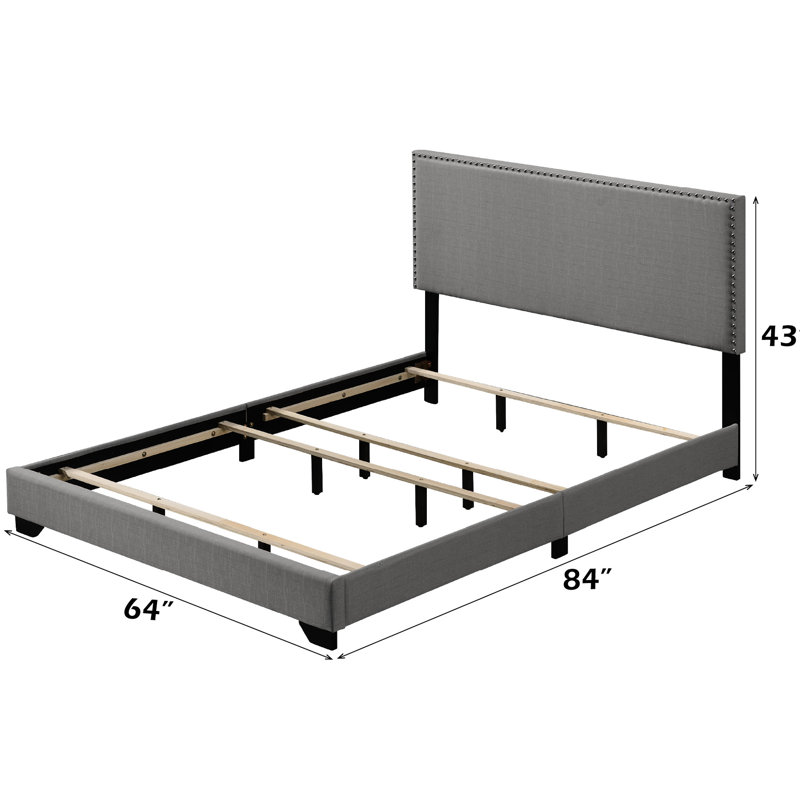 Grand lit en tissu gris avec garniture cloutée, entièrement rembourré, pieds en bois, sommier tapissier à 4 lattes, capacité de poids de 660 lb, plancher de 6 po, profondeur de 84,89 po, largeur de 64,21 po, hauteur de 43,32 po