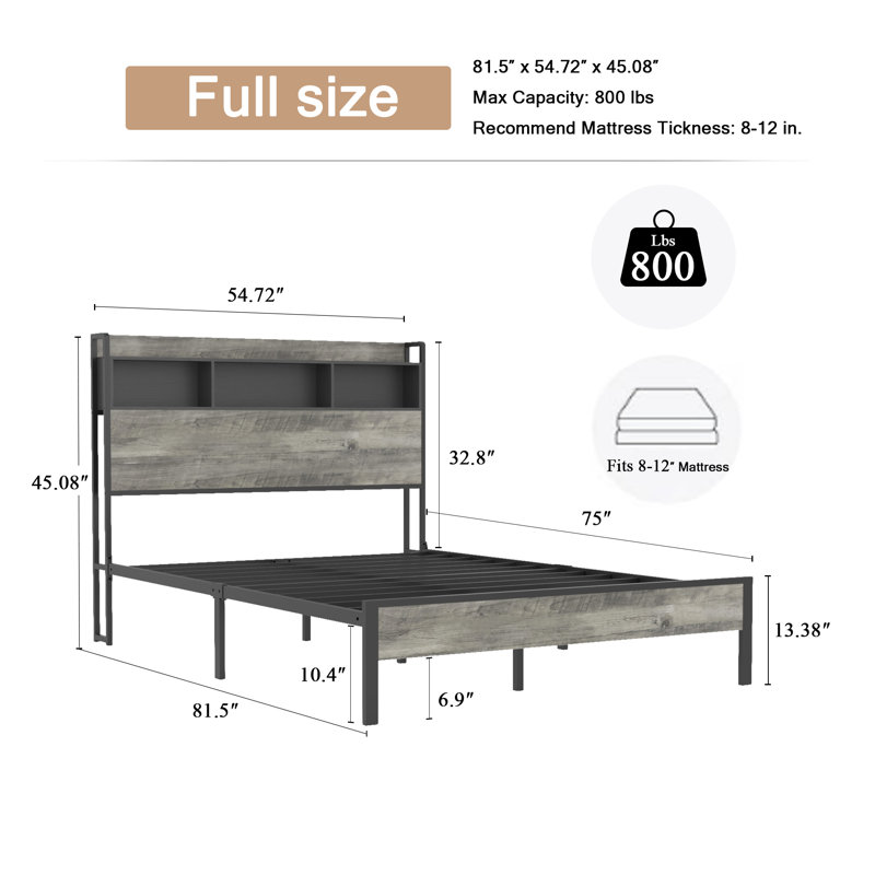 Structure de lit double en bois pleine grandeur avec rangement et 2 ports USB, sans sommier, facile à assembler, gris antique