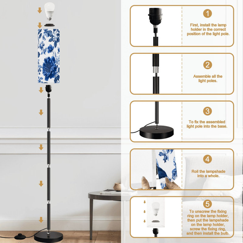 Lampe sur pied sans soudure à intensité variable moderne bleue et blanche avec télécommande et interrupteur au pied avec abat-jour