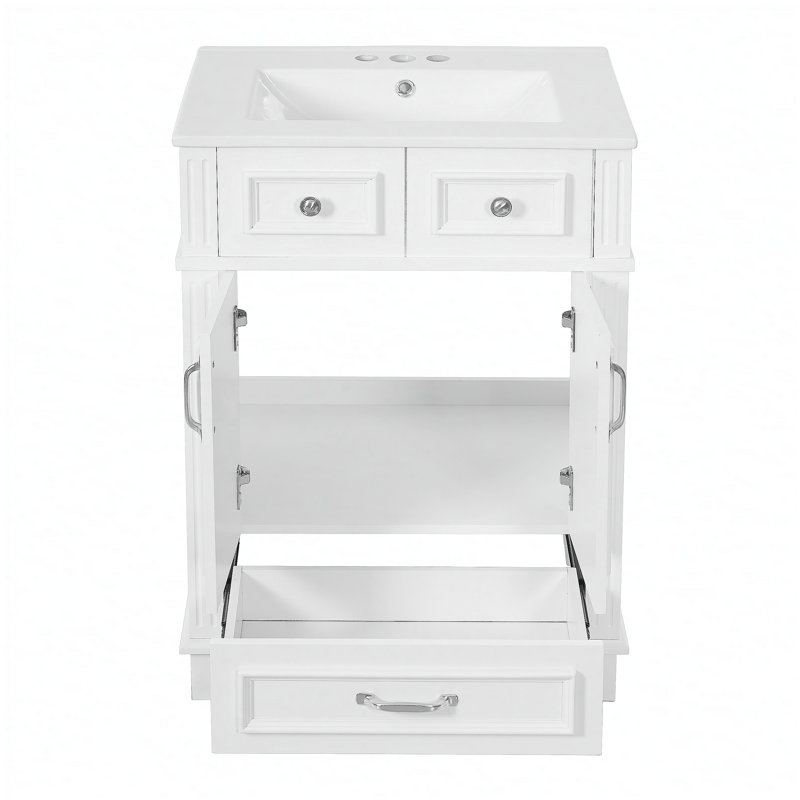 Meuble-lavabo de 24 po en bois massif avec lavabo en céramique, portes à fermeture douce et rangement dissimulé, style rétro en blanc