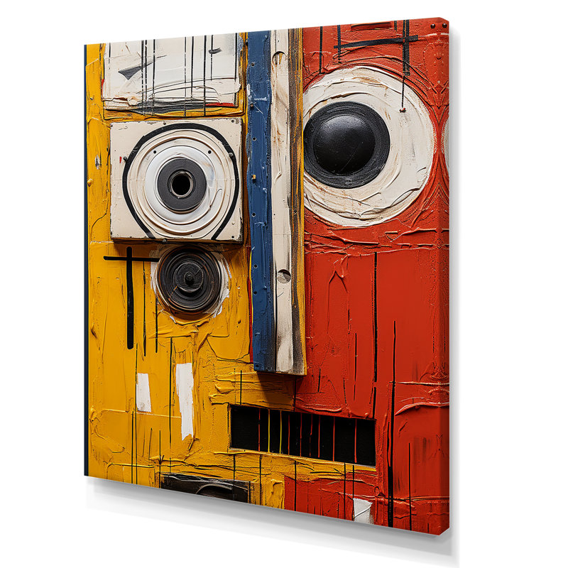 Soulèvement cubique robot jaune et rouge, Toile tendue, H 32 po x l 24 po x P 1 po