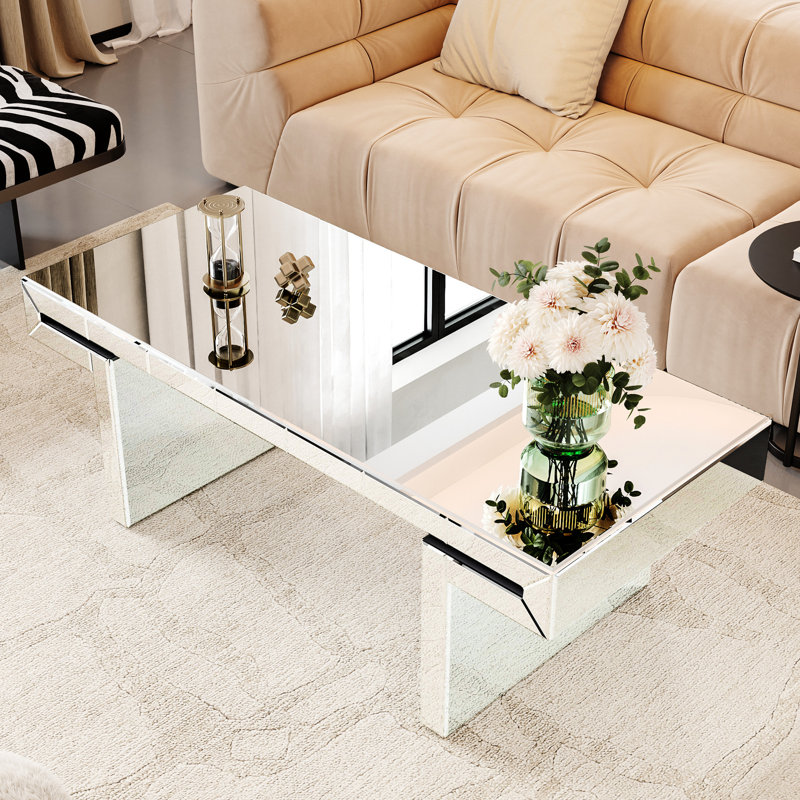 Table basse à miroir rectangulaire de 47 pouces avec verre trempé cannelé, facile à assembler en 2 étapes, convenant à la table de luxe de l'espace de vie principal, double carton, idéale pour les petits espaces