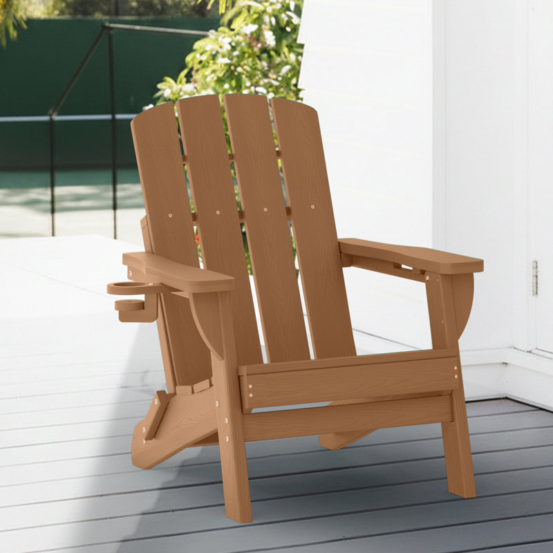  Folding Adirondack Chair Weather-Resistant HDPE Outdoor Fire Pit Chair With 2 Cup Holder, Teak
