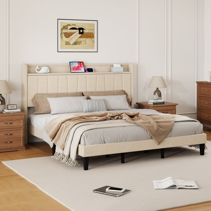 Lit à panneau tapissier avec tête de lit, Beige, Très grand lit