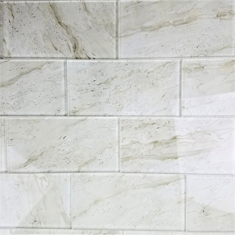 Nature 4 in. x 8 in. Marble Look Glass Straight Edge Subway Decorative Kitchen & Bathroom Wall Tile, Crema Marfil Beige