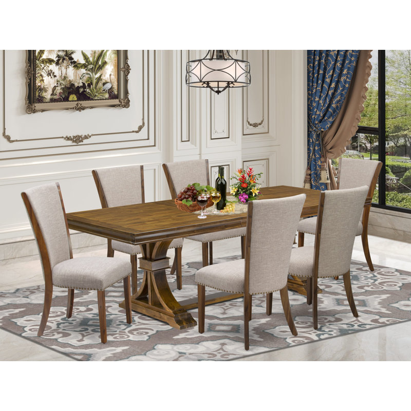 7-piece Mid-Century Dining Table Set consists of a Kitchen Table and 6 Light Tan Linen Fabric Dinner Chairs with Button tufted Back-Antique Walnut Finish