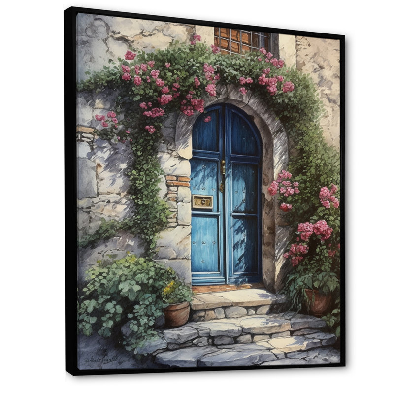 Porte de jardin bleue et rose Rochart II sur impression sur toile, H 32 po x l 16 po x P 1 po, Cadre flottant noir