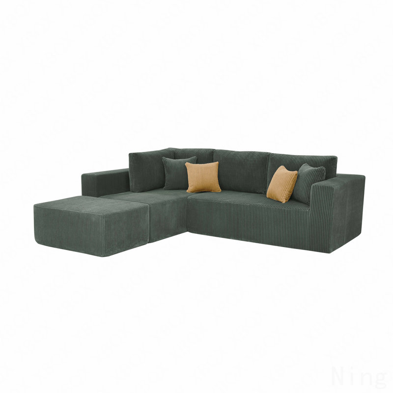 Full Compressed Corduroy Upholstered Sectional With Moveable Ottoman