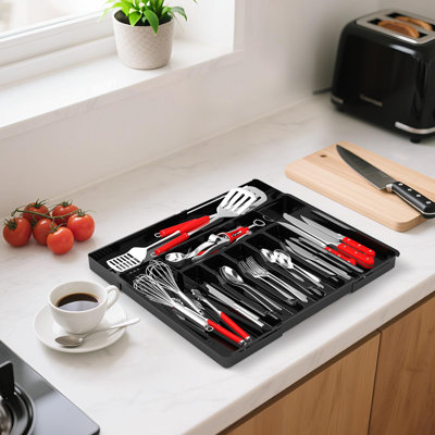 Grand organisateur de tiroir pour l'argenterie, plateau à ustensiles extensible pour la cuisine, couverts réglables sans BPA et porte-couverts avec séparateurs, rangement et rangement pour cuillères, fourchettes, couteaux (6 à 9 fentes)