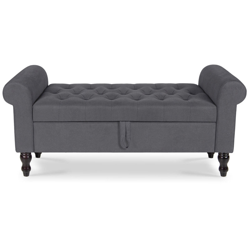 Gray Upholstered Storage Bench with Rolled Arms and Solid Wood Legs