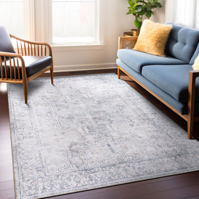 Griffey Oriental Machine Washable Blue/Ivory Non-Slip Backing Area Rug