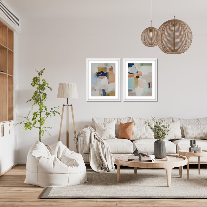 Opulent Serenity: Pastel Abstract Diptych, 30" H x 48" W