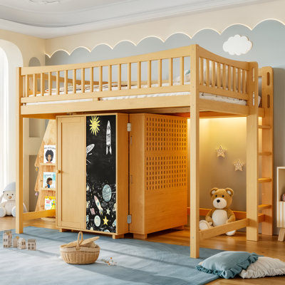 Lit mezzanine en bois massif avec armoire de rangement, étagère pliable, éclairage DEL et tableau noir, blanc