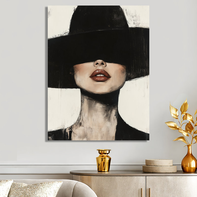 Sous le chapeau noir I - Portrait de mode - Décoration murale, impression sur métal, H 44 po x l 34 po