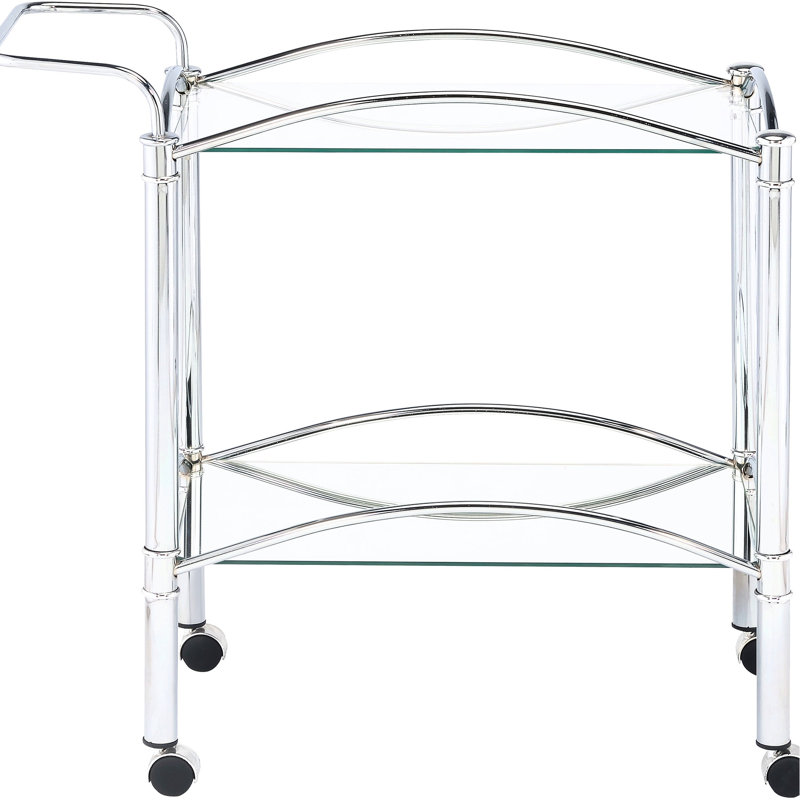 Chariot de cuisine rectangulaire en métal à 2 tablettes en verre pour la salle à manger, finition réfléchissante et placement polyvalent avec chariot-bar, une option de rangement élégante