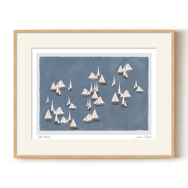 Mod-Ensemble The Sails by ChiChi – Minimalist Blue Coastal Artwork Featuring Sailing Boats | 24"H x 32"W | Natural Frame, Tan