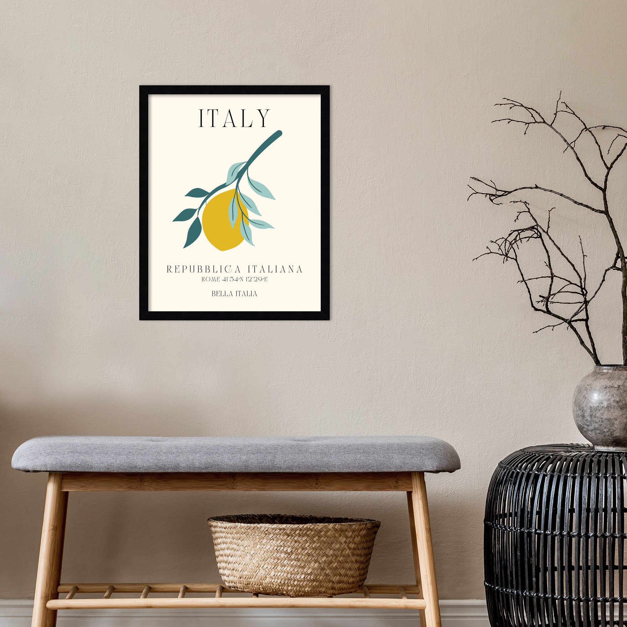 Italy Travel Poster Bella Italia by Chayan Lewis, Black Framed, 17" W x 21" H x 1" D