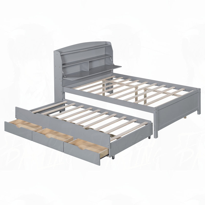 Lit plateforme avec rangement et tiroirs, Gris, Double