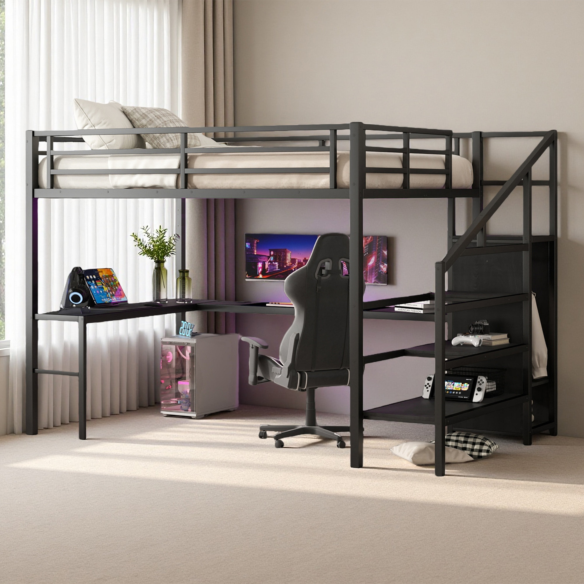 Harriet Bee Queen Size Loft Bed With L-Shaped Desk And USB, Metal Loft ...