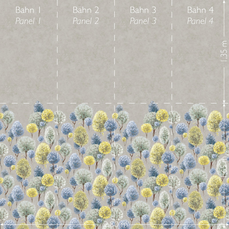 Thaler Large Tilia Trees and Plain Twinwall 4-panel Mural Design 3m x 280cm, Multi-coloured/Blue/Yellow
