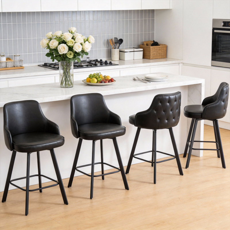 Swivel Bar Stools Set of 2/3/4 Counter Height Bar Stools with High Back Faux Leather Kitchen Counter Stool, Black, 2