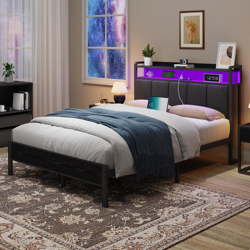Bed Frame with Storage Headboard, Upholstered Platform Bed with Charging Station and LED Lights, Heavy Duty Metal Slats, Full