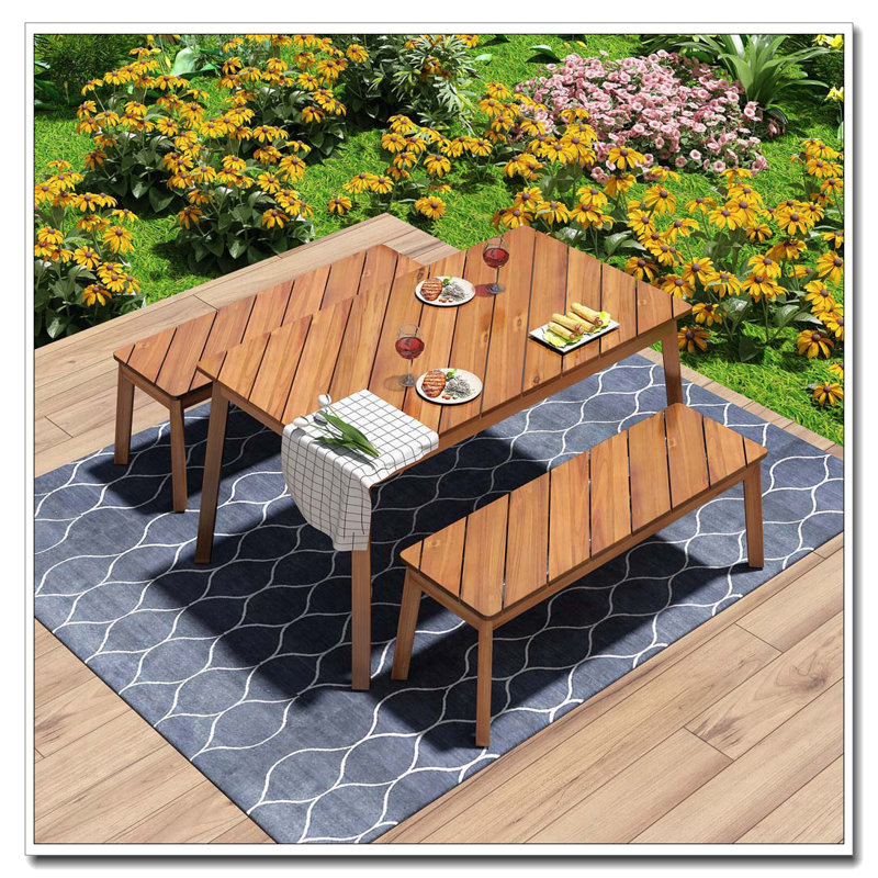3-Piece Diagonal-Grained Acacia Wood Table & Bench Dining Set