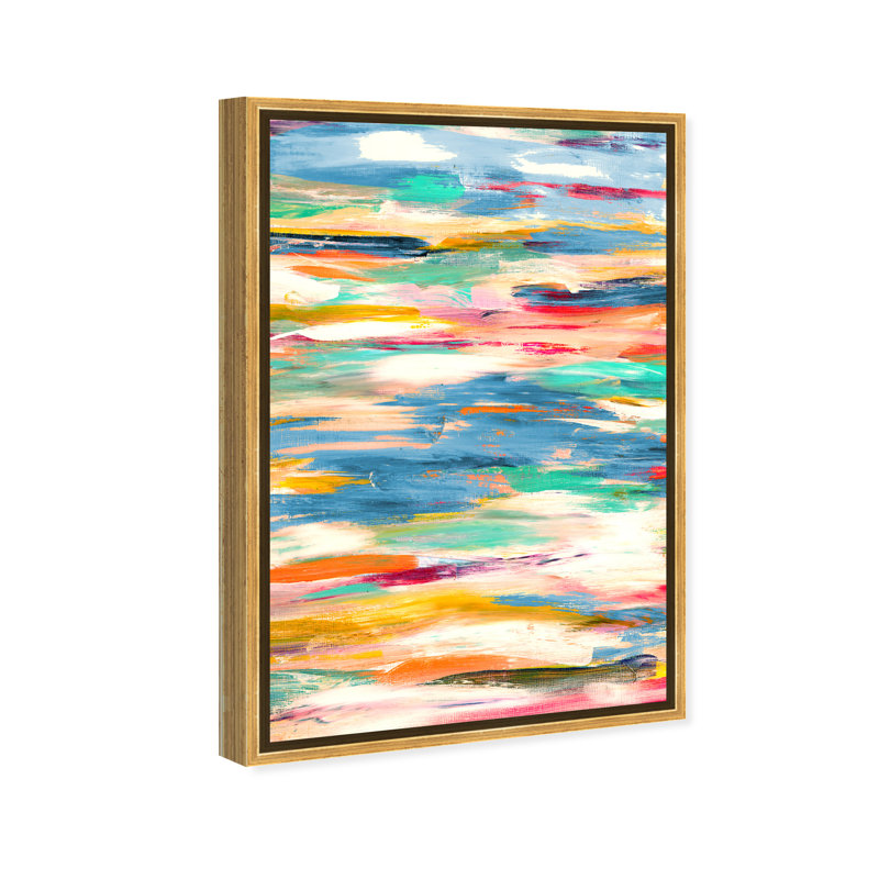 Abstrait bleu / jaune / blanc Bayou - peinture, Toile encadrée d'or, H 36 po x l 24 po