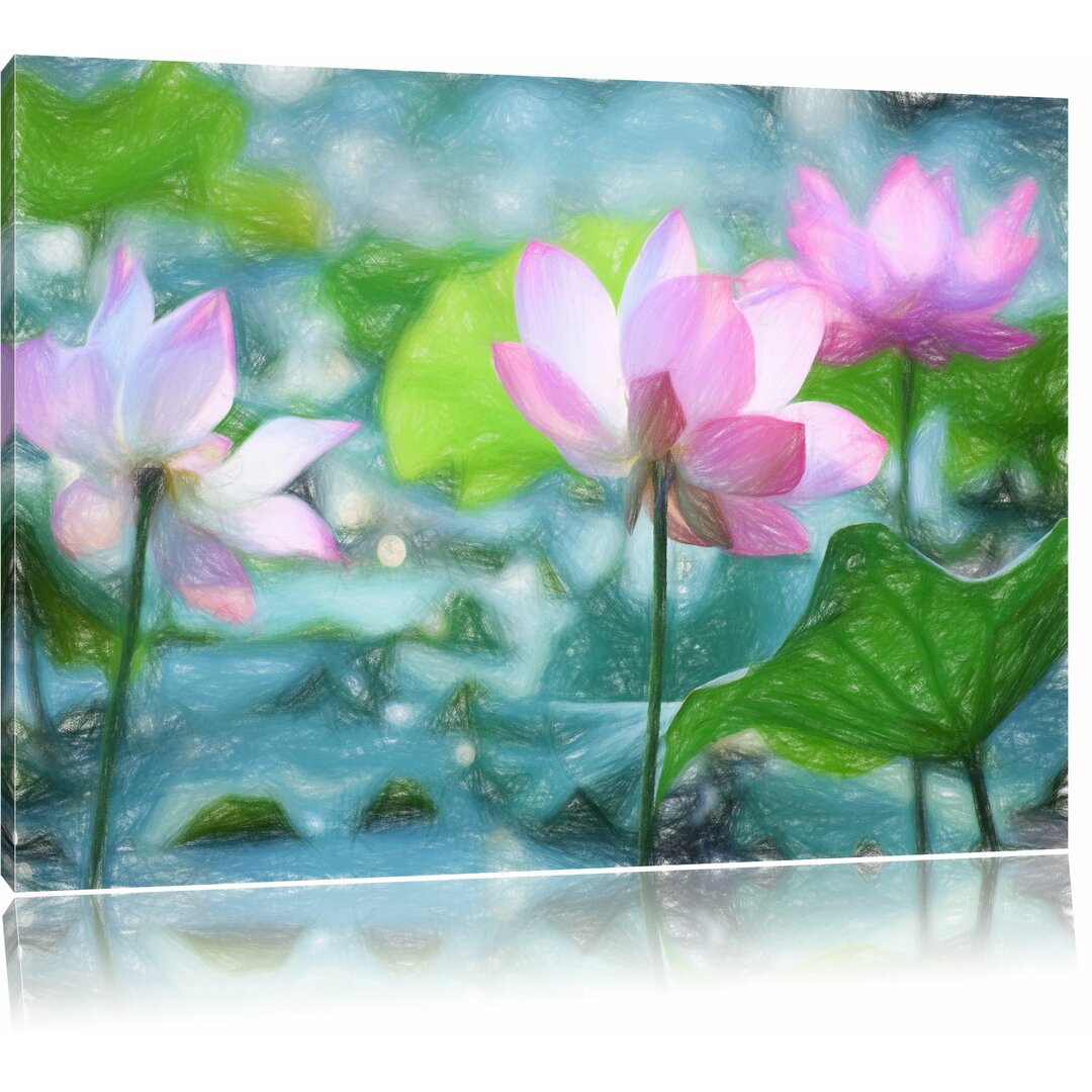 Leinwandbild „Asiatische, rosa Lotusblüte auf dem Teich“, Grafikdruck