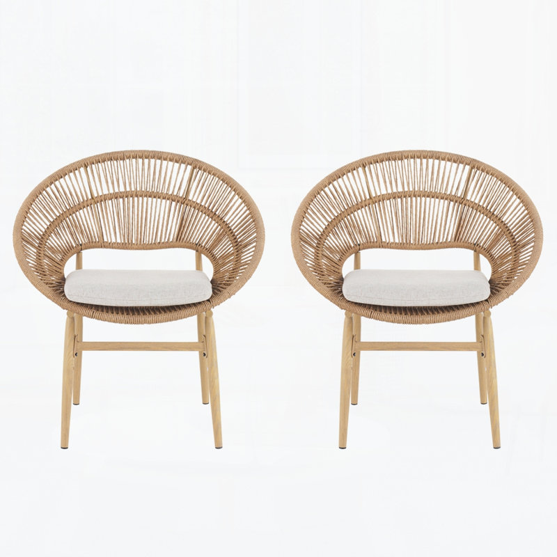Chaise d'extérieur en osier, ensemble de 2, Coussin beige / structure brun clair