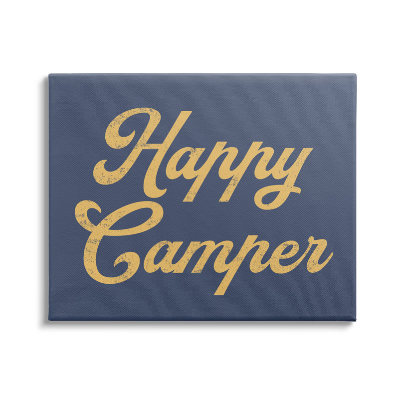 «Happy Camper», phrase de script rétro, accent jaune surdimensionné et encadré blanc, art texturé par Lil '' Rue